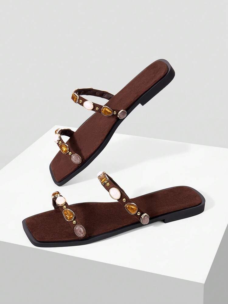 MOTF SPRING AND SUMMER NEW OUTDOOR WOMEN'S FLAT BOTTOM SQUARE TOE SIMPLE SLIPPERS WOMEN'S THICK BOTTOM NON-SLIP OPEN-TOED CASUAL VERSATILE BEACH SLIPPERS SPRING SHOES SUMMER SHOES - Coffee brown (velvet) - View 9