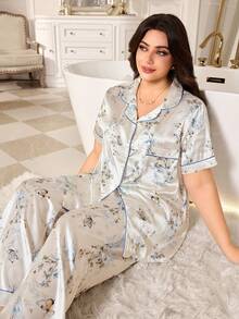 MuseNap CURVE Butterfly Floral Print Satin Shirt Style Plus Size Pajama Set - White - View 4