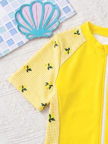 Tween Girl Patchwork Striped Raglan Sleeve One-Piece Swimsuit Yellow Short Sleeve Swimwear Sun Protection Conservative Cute Style Bowknot Beach Summer - Yellow - View 4