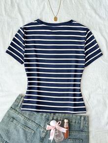 SHEIN Tween Girl Tween Girl Striped Notch V-Neck Short Sleeve Casual T-Shirt - Navy Blue - View 2