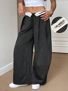 SHEIN Tall Women's Autumn Vintage Scandalous Streetwear Casual Hippie Street Oversized Black And White Pants Work Daily - Black - View 10