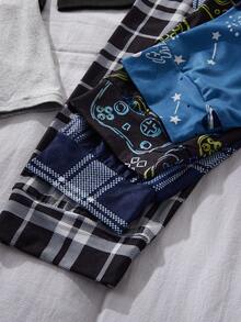 SHEIN 4 Random Sets Out Of 1 Pajama Set: Boys' Simple Gentleman Plaid Long Sleeve Solid Color Pocket Top Homewear + Iridescent Game Console + Letter Print - Multicolor - View 6