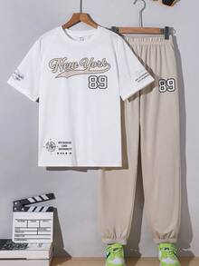 SHEIN 2件組青少年男孩休閒簡約字母印花圓領套頭上衣套裝，適合夏季 - 彩色 - 查看 8