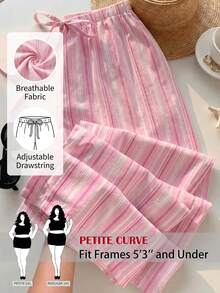 SHEIN PETITE CURVE 大尺碼女款抽繩腰條紋休閒百搭日常穿著長褲 - 粉色 - 查看 2