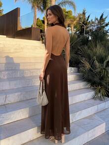 Firerie Women's Elegant Deep Draped Neck Backless Dress, Suitable For Party Night Evening, Birthday, Bar, Valentine's Day, Gathering, Coffee Brown Summer - Coffee Brown - View 2