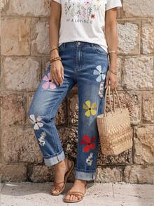 EMERY ROSE Jeans rectos casuales de mujer con bolsillos y bordado floral - Azul - Ver 2