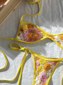 Elavelle Swim MOD 2件套彩色花卉纹理挂脖抹胸比基尼上衣和侧系带泳裤性感女士泳装套装，春夏款 - 彩色 - 查看 5