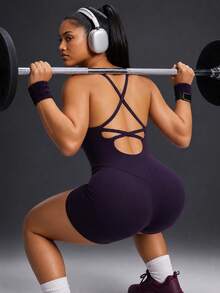 Powerista Women's Plus Size Solid Color Casual Daily Outdoor Sports Romper Gym Running Fitness Workout Going Out Autumn Jumpsuit Backless Purple Backless - Purple - View 9