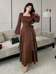Modelyn Gaun Wanita Romantis Musim Gugur Terbaru yang Modis - Coffee Brown - View 5