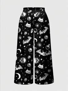 ROMWE Goth 暗黑哥德風蛾子月亮太陽星星魔法學院大尺碼長褲 - 黑色 - 查看 1