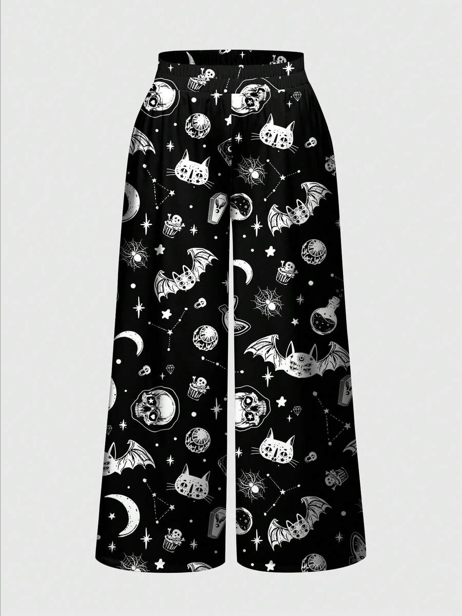 ROMWE Goth 暗黑哥德風蛾子月亮太陽星星魔法學院大尺碼長褲 - 黑色 - 查看 1