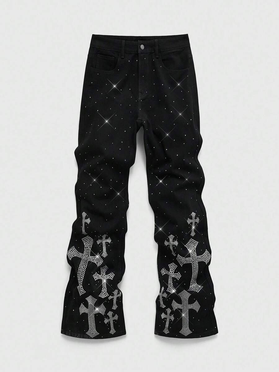 ROMWE MEN Street Life Spring Casual Graphic Men'S Fashion Street Style Rhinestone Cross Graphic Slant Pocket Denim Jeans - Black - View 1