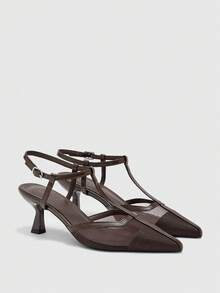 CUCCOO BIZCHIC 法式復古尖頭網布T字帶扣小貓跟女鞋 氣質百搭通勤女高跟鞋 - 棕色 - 查看 7