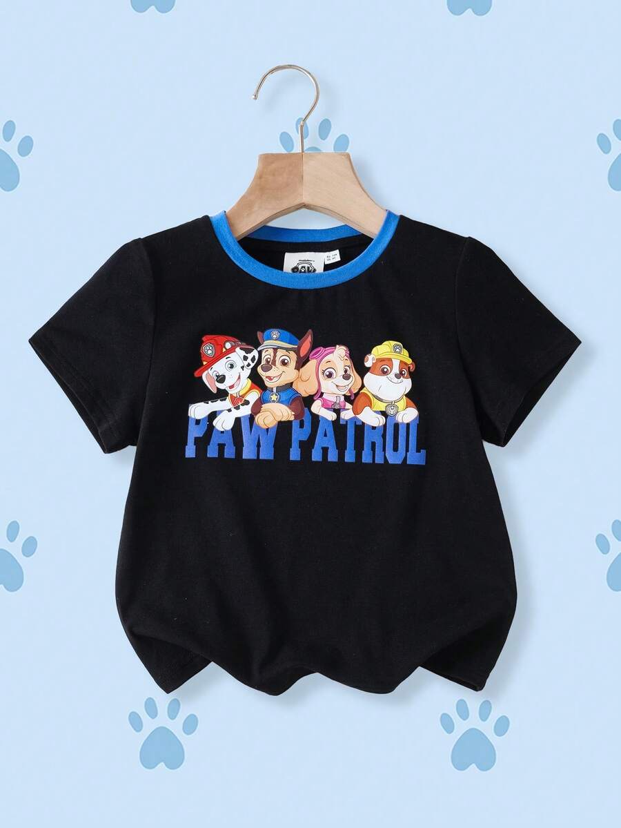 SHEIN | PAW Patrol Young Boy Summer Casual Letter & Dog Print Contrast Trim Round Neck Short Sleeve T-Shirt - Black - View 1