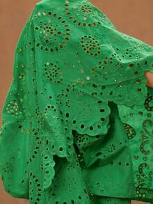 Frievida Women's Round Neck Embroidered Positioned Edge Long Sleeve Blouse Vacation Green Summer Boho Elegant - Olive Green - View 7