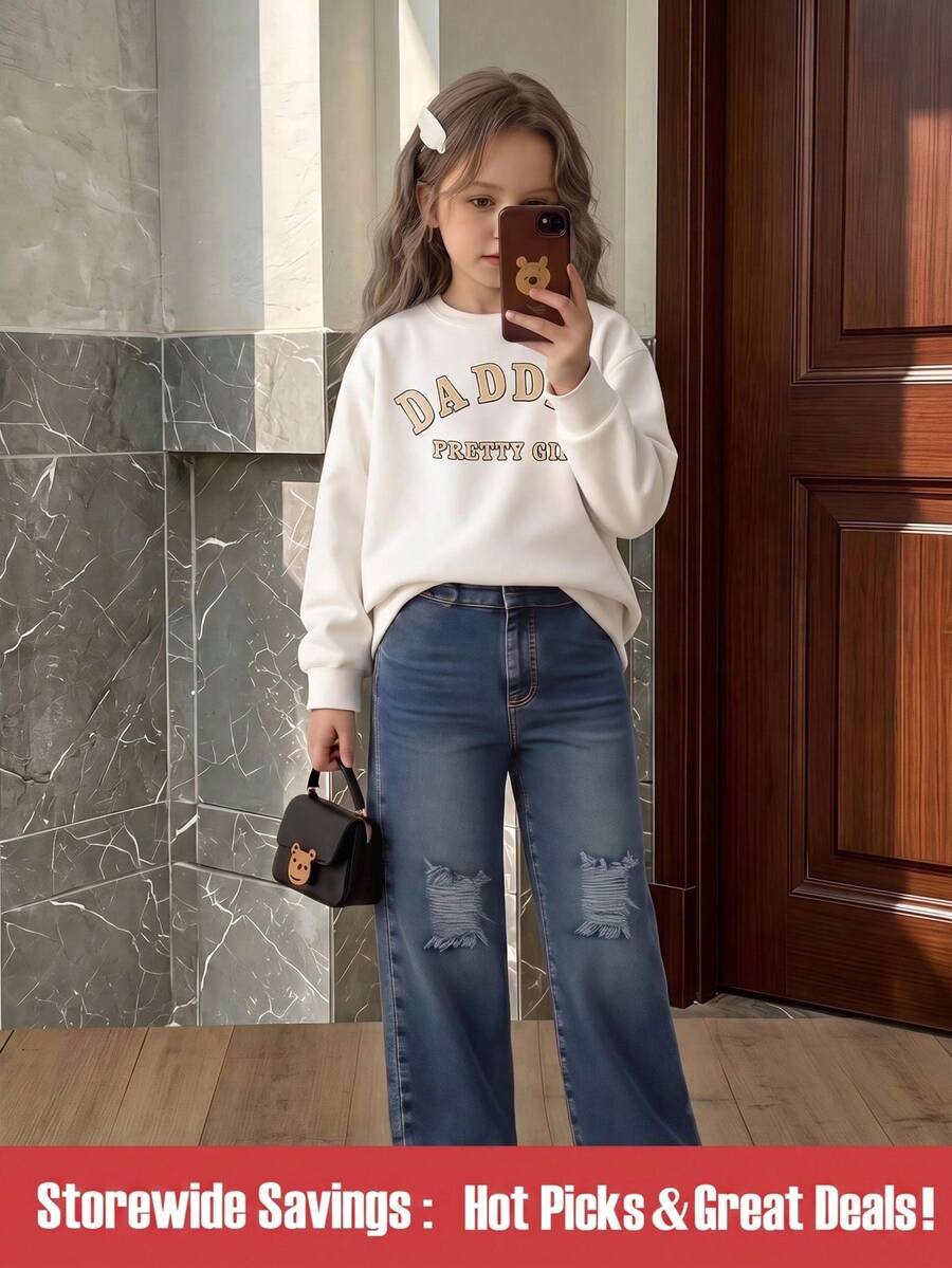 SHEIN 2 件套年轻女孩秋季长袖运动衫和破洞阔腿牛仔裤休闲装,时尚街头服饰 - 彩色 - 查看 1
