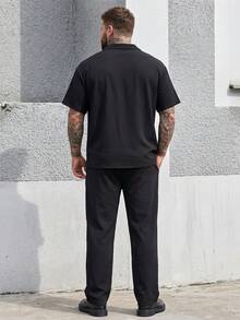DRIVNCORE Plus Size Men's Shirt Set,Black,Summer,Casual,Vacation Bubble Crinkle Fabric Mandarin Collar Shirt&Drawstring Matching Pants Set,Formal Wedding Guest - Black - View 2
