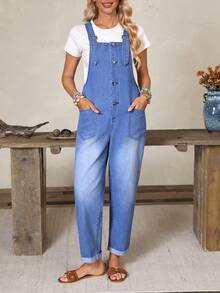 Balvessa Women's Fashion Versatile Button Pocket Denim Overalls - Blue - View 9