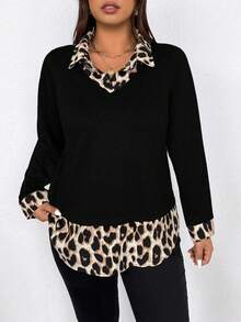 SHEIN CURVE+ Kemeja Kasual Kerah Bergelombang dengan Motif Leopard, Lengan Panjang, Blus Wanita Ukuran Besar yang Nyaman dan Serbaguna untuk Musim Semi, Gugur, dan Musim Dingin. - Hitam - View 4