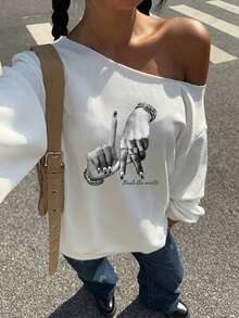 SHEIN EZwear 女款不對稱肩寬鬆長袖衛衣，休閒極簡復古龐克 Y2K 百搭，適合派對、音樂節、哥德風、夏季 - 白色 - 查看 5
