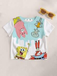 SpongeBob SquarePants | SHEIN 少女卡通图案圆领短袖T恤，夏季 - 白色 - 查看 1