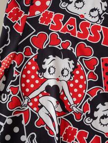 Betty Boop x SHEIN 女士爱心波点卡通复古少女图案黑色吊带睡裙，休闲百搭，日常夏季穿着 - 紅色 - 查看 6