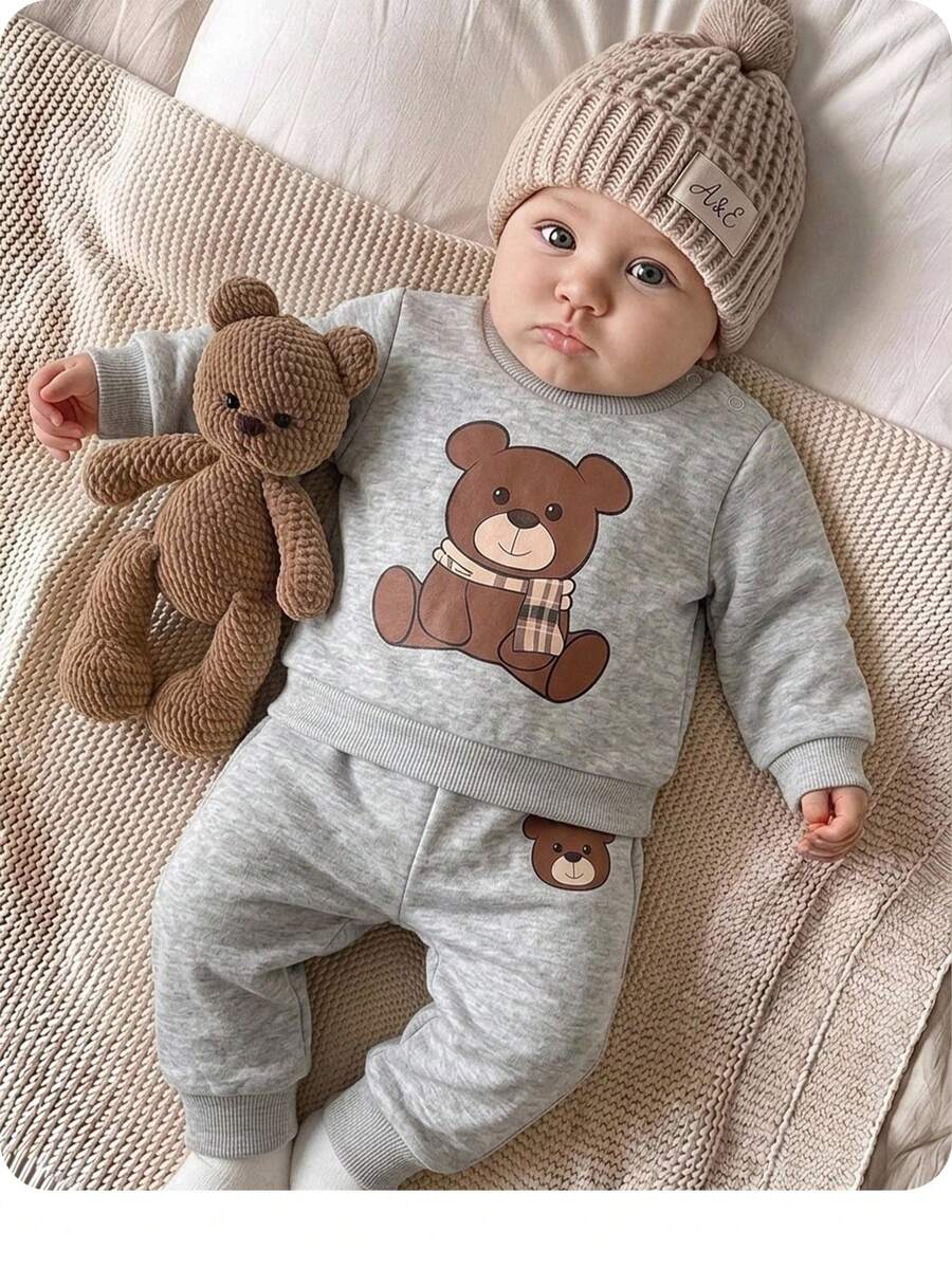 Newborn Baby Autumn/Winter Cute Cartoon Pattern Long Sleeve Sweatshirt & Pants Set - Light Grey - View 1
