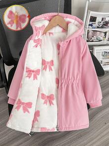 SHEIN Elladie kids 女童白色可正反穿拉鍊連帽蝴蝶結毛絨內裡加厚中長版鋪棉外套，冬季夾克粉色加厚連帽西式外套 - 淺粉色 - 查看 7
