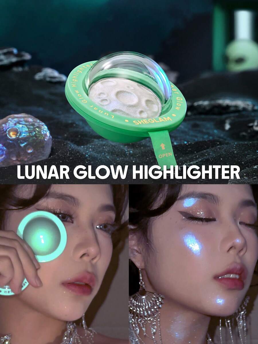 SHEGLAM Lunar Glow Highlighter 多維閃亮高光粉 高光效果 藍綠色反光光澤 多用途發光臉部彩妝紫色 哥德高光粉 - Neutron Star - 查看 1
