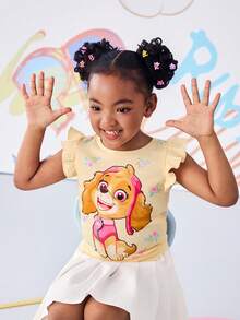 SHEIN | PAW Patrol 少女卡通印花圆领休闲日常T恤 - 黃色 - 查看 3