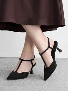 CUCCOO BIZCHIC 歐美風法蘭絨黑色尖頭 T 字帶貓跟鏤空女鞋高跟鞋 - 黑色 - 查看 4