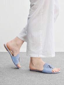 CUCCOO BIZCHIC 女款淺藍色麂皮質感經典平底拖鞋，舒適百搭，適合夏季通勤與辦公穿著 - 淺蘭色 - 查看 4