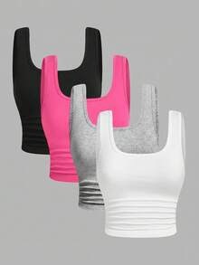 SHEIN EZwear 4 件套加大码彩色休闲短款背心，夏季，母亲节 - 彩色 - 查看 1