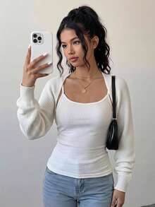 SHEIN Girlism Áo len cardigan mỏng nhẹ/ngắn/dày cho bé gái tuổi teen, màu trắng/cắt cúp/dày, đa năng, thích hợp mặc hàng ngày, chống nắng - trắng - Xem 3