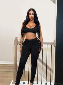 BamGleam YK2 Sexy Girls' Fashion Women's Long Pants With Side Tie-Downs And Hollow Design, Suitable For Music Fest Halloween Party Night Black Autumn - Black - View 4