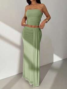 SHEIN PETITE Set Atasan Jala Model Bandeau & Rok Pinggang Rendah - Mint Green - View 4
