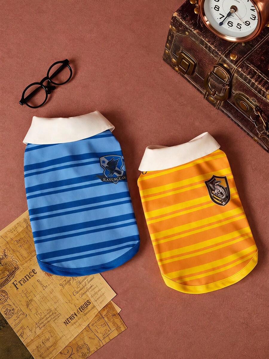 HARRY POTTER X PETSIN 1件魔法主題學院條紋寵物背心,無袖且透氣,柔軟聚酯纖維面料,防跳蚤,減少掉毛,讓貓和小型犬保持涼爽與時尚,適合日常穿著,室內或室外玩耍,每一步都有一點魔法 - 彩色 - 查看 1
