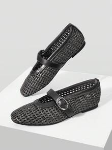 MOTF PREMIUM SPRING AND SUMMER NEW FRENCH FASHION RETRO HOLLOW WOVEN FISHING NET SHOES WOMEN'S BALLET SHOES SQUARE TOE FLAT MARY JANE SHOES LIGHT AND COMFORTABLE - Ink ash - View 9