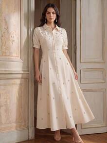 Anewsta Summer New Style Lapel Bead & Rhinestone Decor Waist-Defining Fashion Casual Versatile Shirt Dress - Beige - View 8