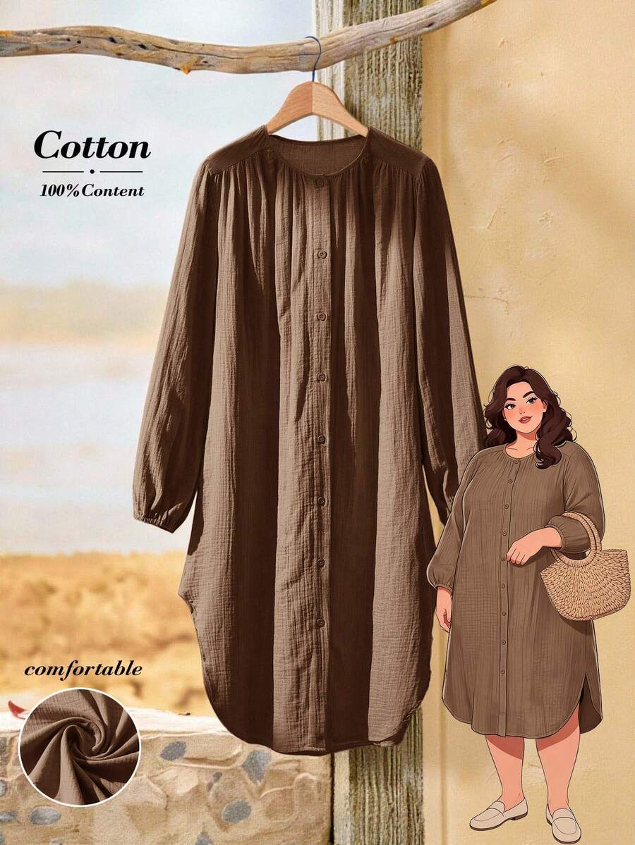 Rusticease Plus Size Brown Pleated Textured Notched V Neck Long Sleeve Dress Elegant Formal Fall Winter 2026 - Brown - View 1