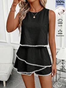 SHEIN Clasi Sleeveless Top And Ruffle Printed Shorts With Contrast Trim Set - Black - View 4