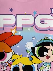 THE POWERPUFF GIRLS X SHEIN 青少年女孩卡通印花圓領抓絨運動衫 - 白色 - 查看 4