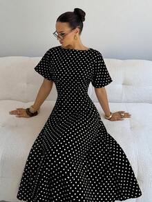 Siren Gaze Gaun Panjang Wanita Elegan Motif Polkadot untuk Perjalanan Sehari-hari - Hitam - View 5