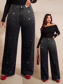 Elaquor Plus Size Street Style Hot Girl Rhinestone Button Pocket Loose Denim Jeans Fall Clothes Halloween Sparkly Jeans Shiny Pants Luxury Jeans Black Jeans - Black - View 1