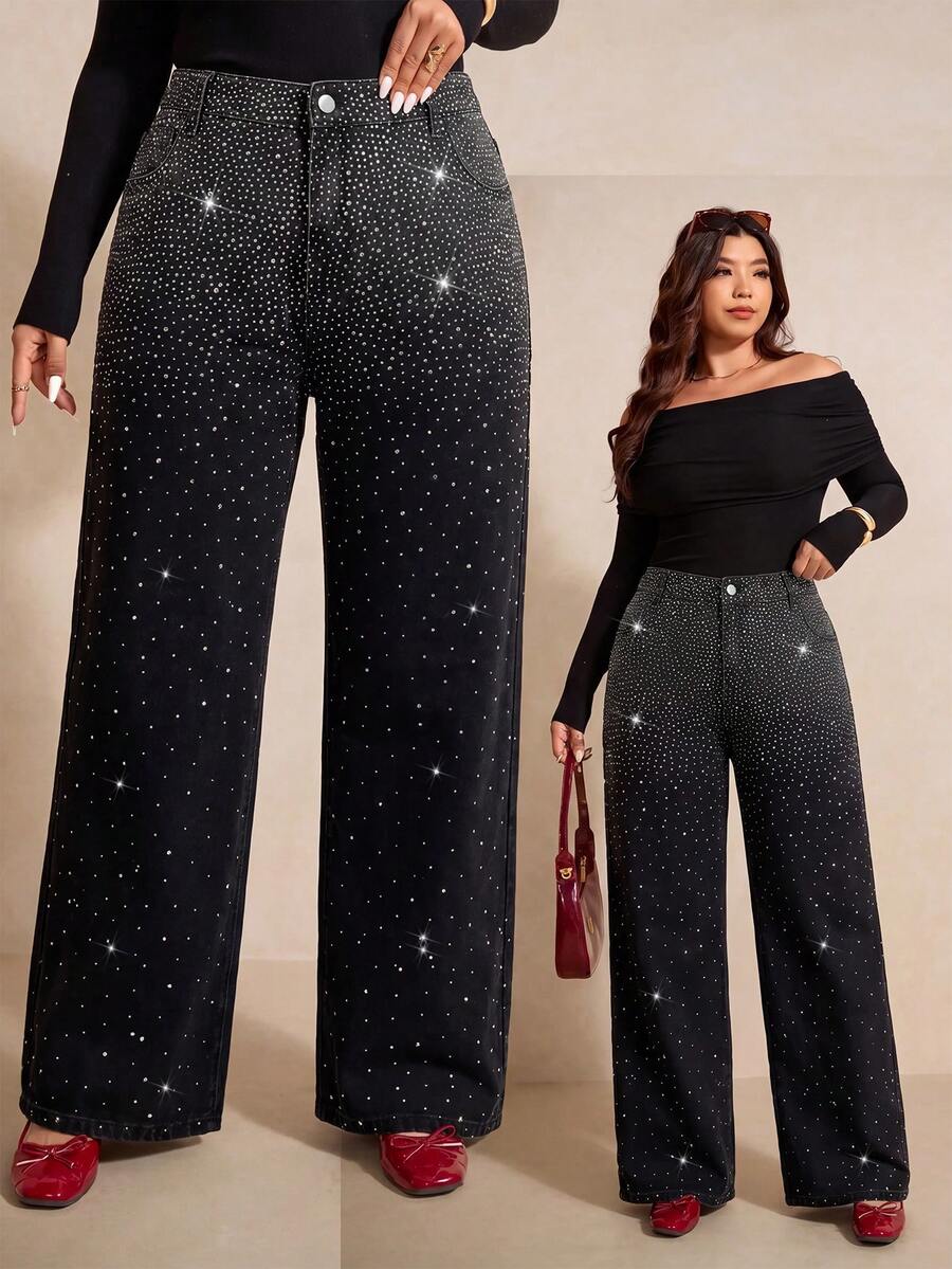 Elaquor Plus Size Street Style Hot Girl Rhinestone Button Pocket Loose Denim Jeans Fall Clothes Halloween Sparkly Jeans Shiny Pants Luxury Jeans Black Jeans - Black - View 1