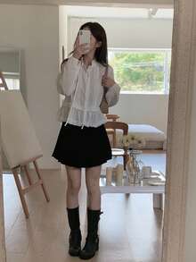 DAZY 女款韓式長袖純色荷葉邊飾襯衫 - 白色 - 查看 10