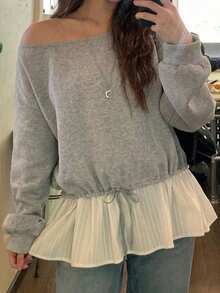 Dazy Plus Loose Casual Patchwork Chiffon Hem Off-Shoulder Thermal Lined Thickened Sweatshirt For Girls, Spring Autumn Winter - Grey - View 5