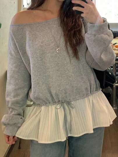 Dazy Plus Loose Casual Patchwork Chiffon Hem Off-Shoulder Thermal Lined Thickened Sweatshirt For Girls, Spring Autumn Winter