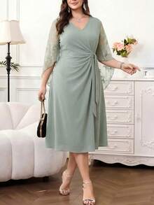 Reflora Plus Size Elegant Party Solid Color Lace Patchwork Dress Fall - Green - View 2