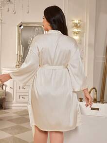 MuseNap CURVE Plus Size Satin Textured Long Sleeve Tie-Front Robe - Apricot - View 3